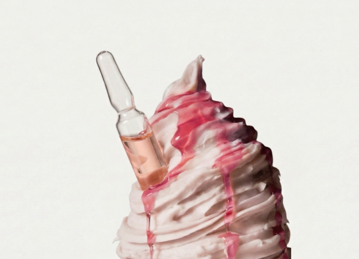 Ampule with serum spilling over a cream cosmetic in the shape of an ice cream.