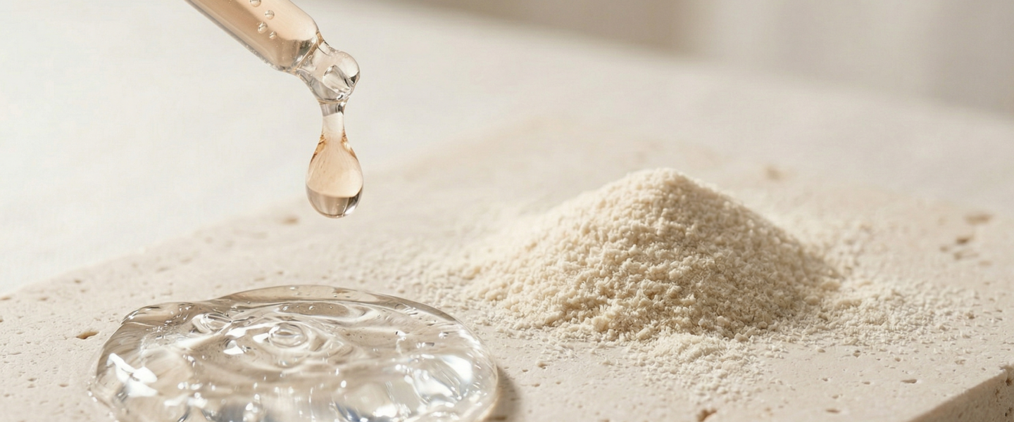 Split composition image showing topical skincare on the left with a serum dropper, cream texture, and glass pipette on a clean surface, contrasted with oral supplements on the right featuring collagen powder, capsules, and a glass of water, divided by a minimal clean separation with soft lighting.