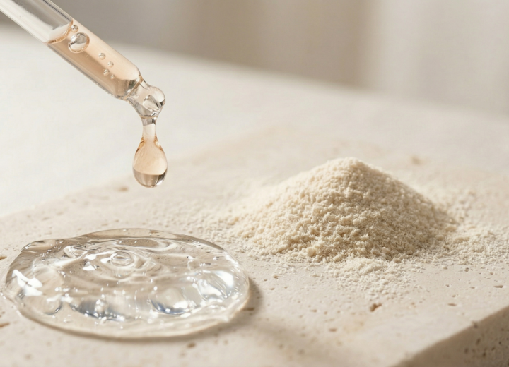 Split composition image showing topical skincare on the left with a serum dropper, cream texture, and glass pipette on a clean surface, contrasted with oral supplements on the right featuring collagen powder, capsules, and a glass of water, divided by a minimal clean separation with soft lighting.