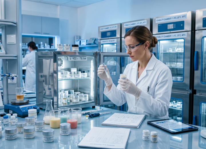 Cosmetic stability testing in a laboratory with skincare samples in controlled environmental chambers